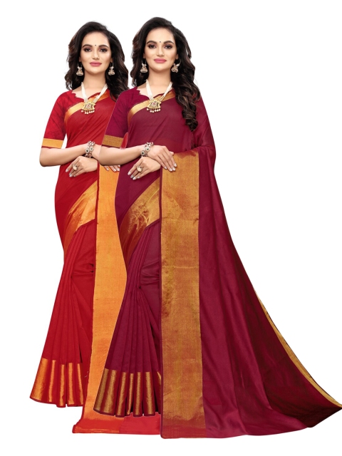 KALINI Red & Maroon Set of 2 Silk Cotton Chanderi Saree