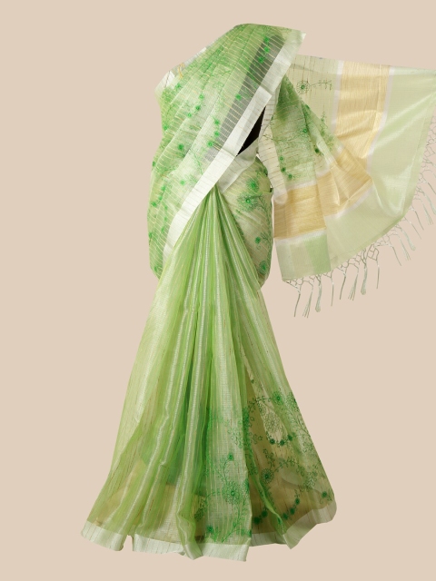 Pothys Green & Gold-Toned Floral Embroidered Tissue Saree