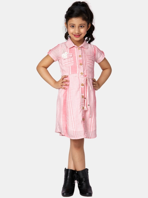 Peppermint Girls Pink & White Striped Pure Cotton Shirt Dress