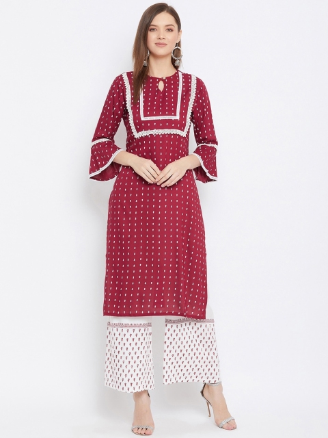 Bitterlime Women Maroon & White Printed Kurta with Palazzos