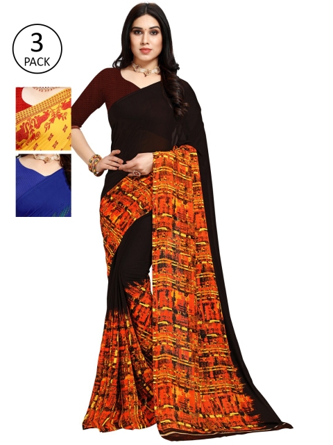 KALINI Pack of 3 Printed Poly Georgtte Saree, Yellow