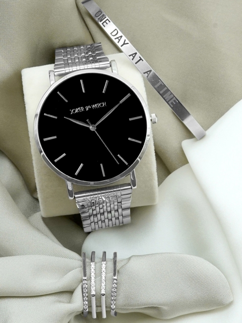 JOKER & WITCH Women Black & Silver-Toned Knight Armor Love Triangle Watch Gift Set JWLT217