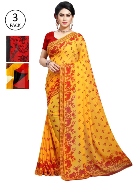 KALINI Yellow & Red Ethnic Motifs Pack of 3 Saree