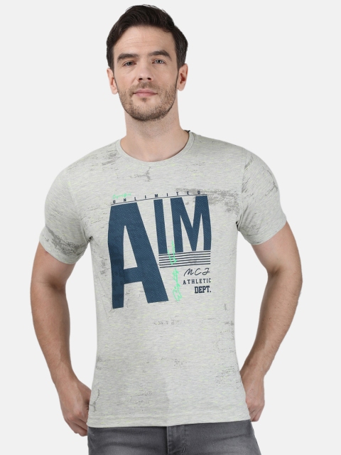 Monte Carlo Men Grey & Teal Blue Typography Printed Slim Fit T-shirt