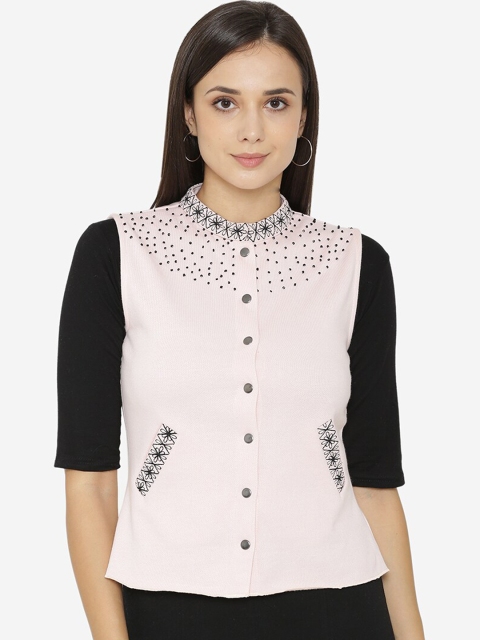 Yaadleen Women Pink Floral Open Front Embroidered Jacket