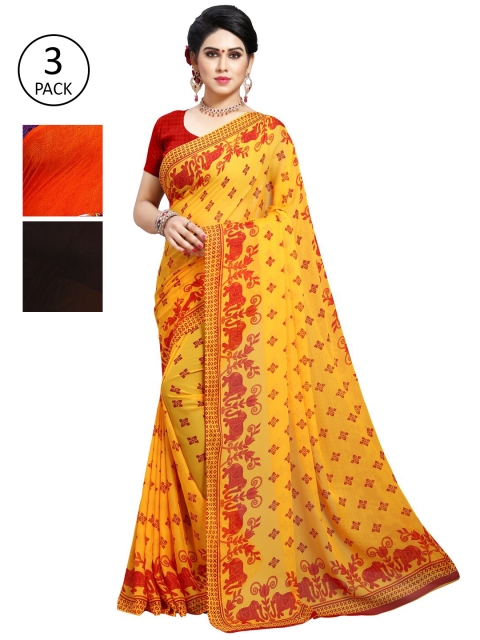 KALINI Pack of 3 Ethnic Motifs Poly Georgette Saree, Yellow