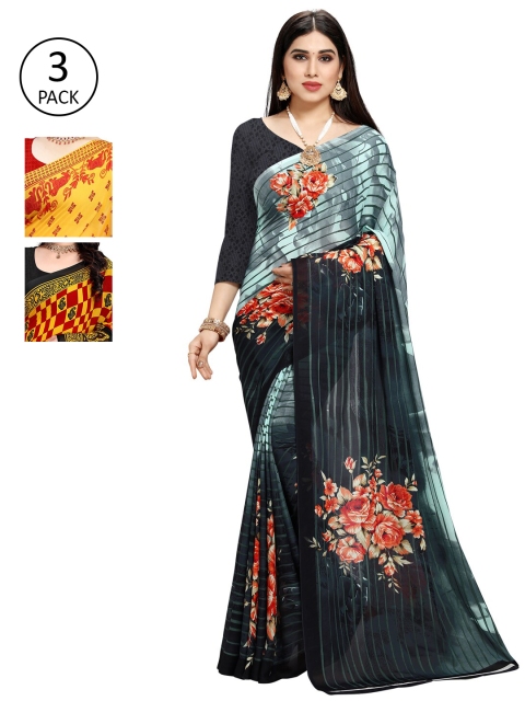 KALINI Pack Of 3 Poly Georgette Printed Sarees, Yellow