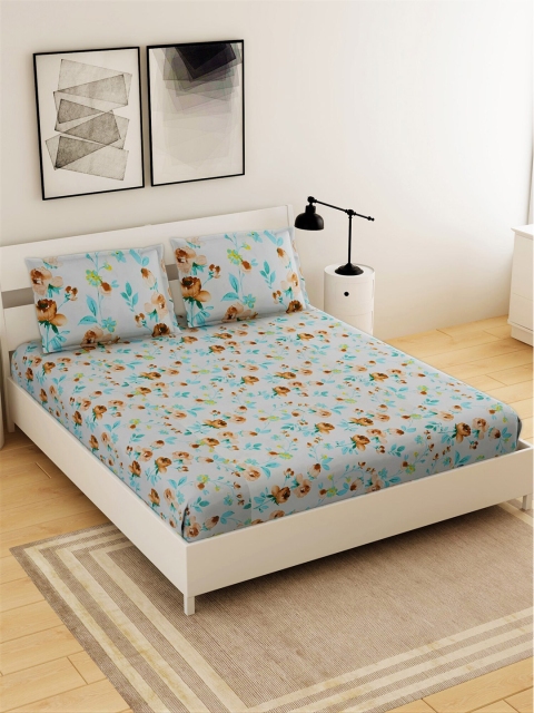 Salona Bichona Grey & Blue Floral 144 TC King Bedsheet with 2 Pillow Covers
