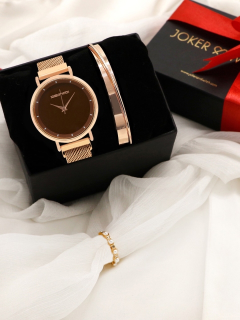 JOKER & WITCH Women Rose Gold-Toned & Brown Lover Love Triangle Watch Gift Set JWLT53