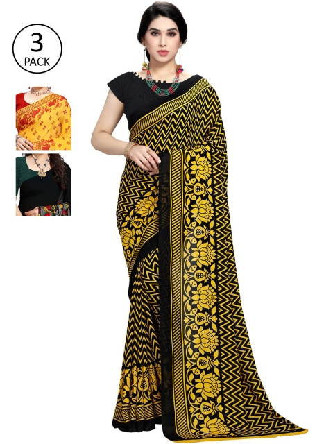 KALINI Pack Of 3 Yellow & Black Ethnic Motifs Saree