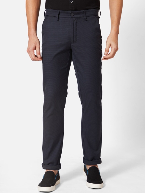 J Hampstead Men Navy Blue Checked Slim Fit Regular Trousers
