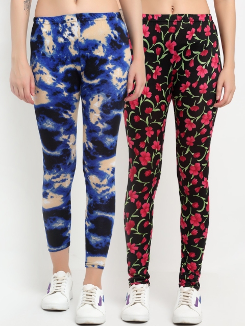 NEUDIS Women Pack Of 2 Printed Skinny-Fit Ankle-Length Leggings, Black