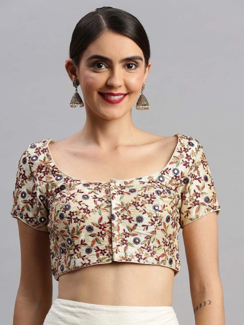 Soch Women Cream-Coloured & Blue Embroidered Art Silk Saree Blouse