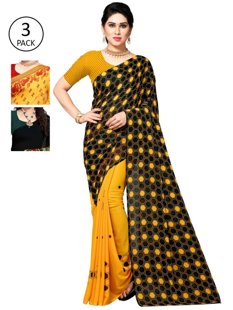 KALINI Pack Of 3 Poly Georgette Printed Sarees, Yellow