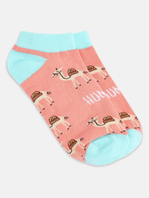 Honey by Pantaloons Women Coral-Coloured & Turquoise Blue Patterned Ankle-Length Socks