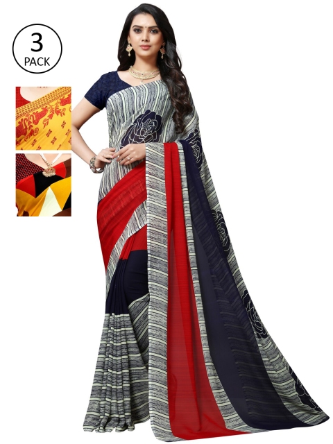 KALINI Pack Of 3 Poly Georgette Printed Sarees, Yellow