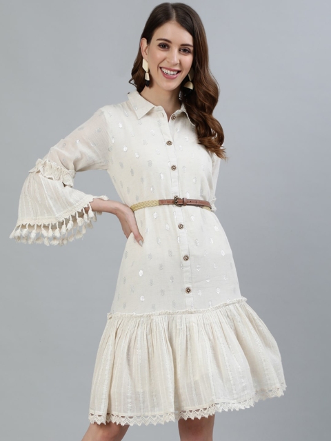 Ishin Women Off White Printed Pure Cotton Shirt Dress