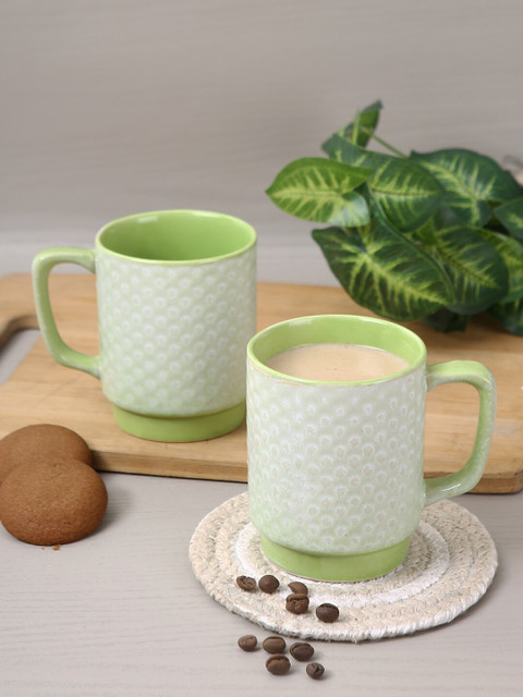 Aapno Rajasthan Set Of 6 Green & White Textured Ceramic Glossy Mugs 
Aapno Rajasthan Set Of 6 Green & White Textured Ceramic Glossy Mugs