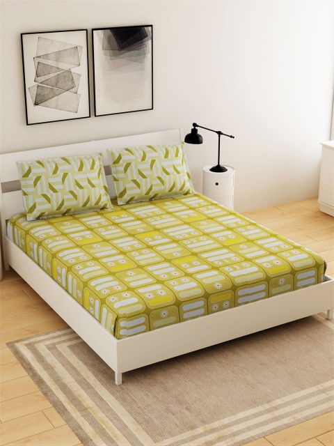Salona Bichona Green & Yellow Geometric 144 TC Queen Bedsheet with 2 Pillow Covers