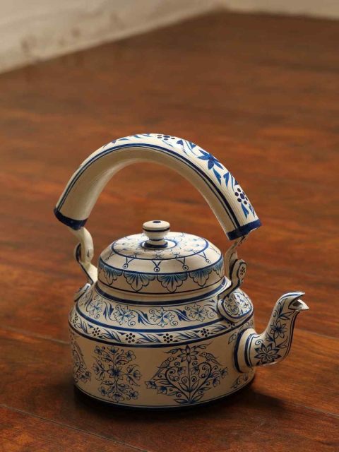 Amoliconcepts White & Blue Hand Painted Melamine Matte Kettle 1000 ml