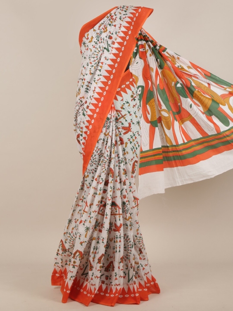 Pothys White & Orange Ethnic Motifs Saree