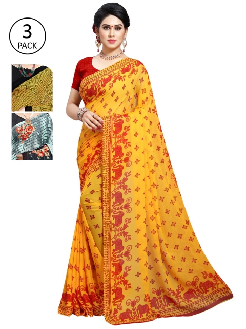 KALINI Yellow & Green Floral Pack of 3 Saree