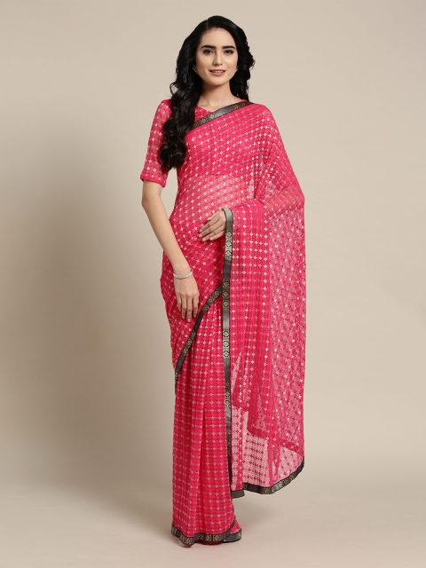 Saree mall Pink & Blue Floral Zari Net Sarees