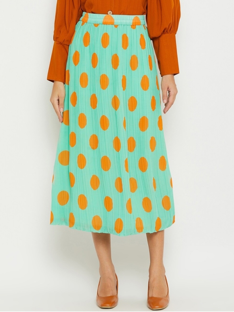 PANIT Women Sea Green & Orange Polka Dot Printed Flared Midi Skirt