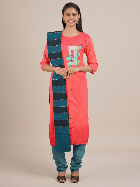 Pothys Pink & Blue Printed Unstitched Dress Material