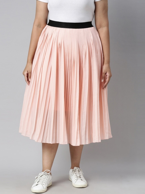 The Pink Moon Women Pink Solid Accordion Pleat Maxi Flared Skirt