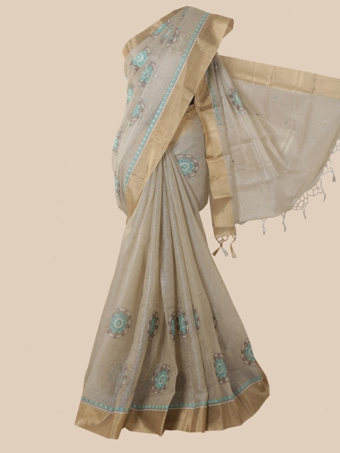 Pothys Grey & Blue Ethnic Motifs Zari Tissue Saree