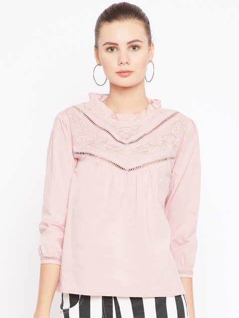 SCOUP Women Pink Floral Embroidered Regular Top