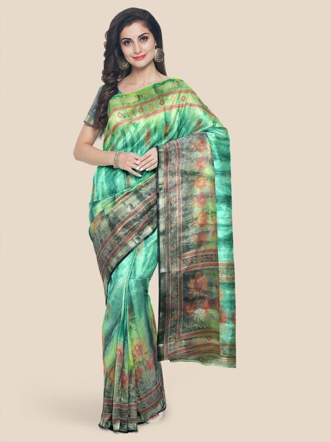 Kalamandir Green Floral Zari Linen Blend Saree