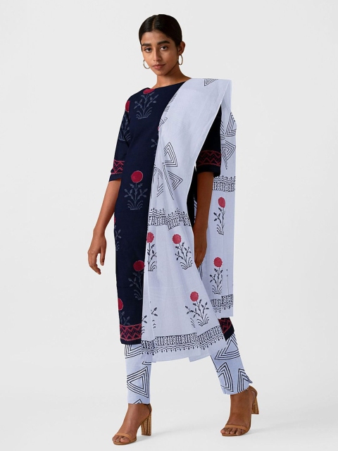 Taneira Navy Blue & Red Printed Pure Cotton Unstitched Dress Material