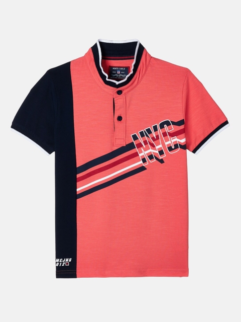 Monte Carlo Boys Coral Orange & Black Colourblocked Polo Collar T-shirt
