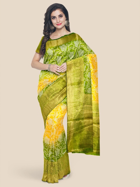 Kalamandir Yellow & Green Bandhani Printed Banarasi Saree