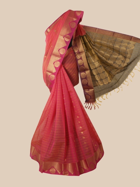 Pothys Pink & Green Striped Silk Cotton Saree