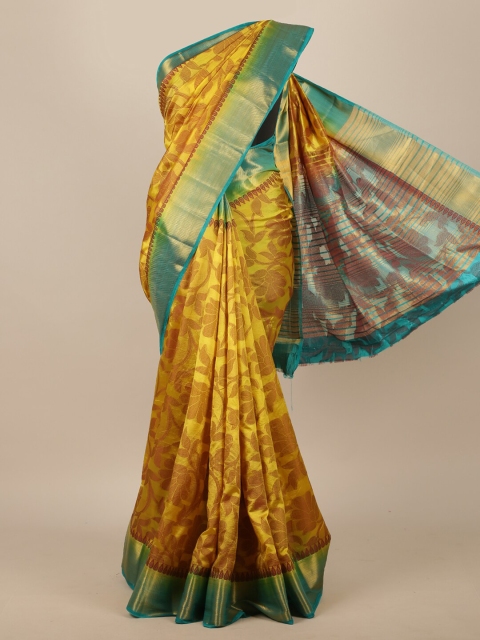 Pothys Yellow & Green Floral Jute Silk Saree