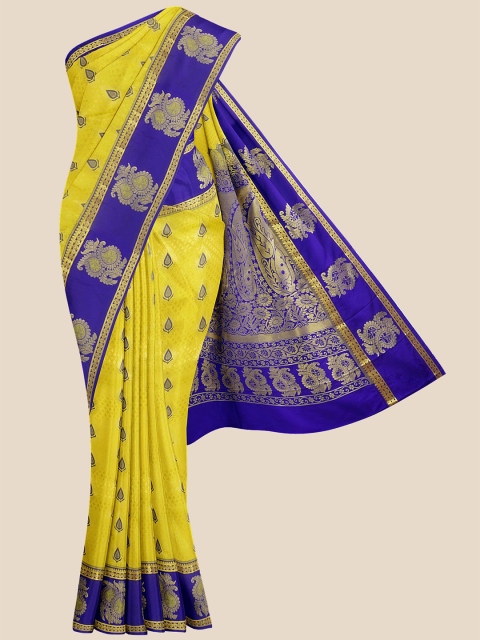 KLM Fashion Mall Yellow & Blue Woven Design Zari Silk Blend Kanjeevaram Saree