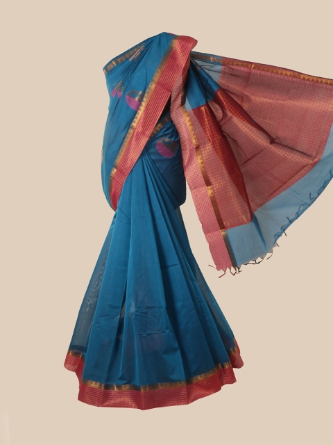 Pothys Blue & Pink Ethnic Motifs Silk Cotton Saree