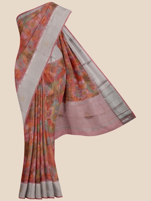 Kalamandir Pink & Silver-Toned Zari Silk Blend Banarasi Saree