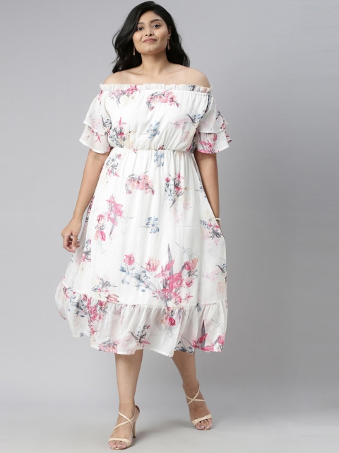 The Pink Moon Women White Off-Shoulder Midi Fit & Flare Dress