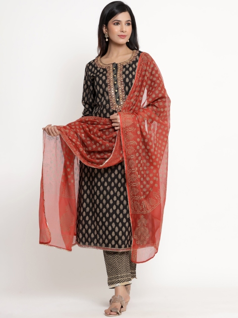 ANAISA Women Black & Beige Printed & Mirror Work Cotton Kurta With Trousers & Dupatta
ANAISA Women Black & Beige Printed & Mirror Work Cotton Kurta With Trousers & Dupatta