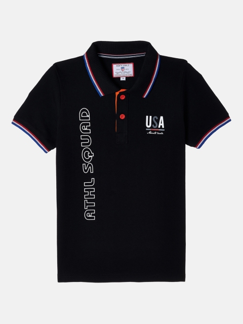 Monte Carlo Boys Black Typography Printed Cotton Polo Collar T-shirt