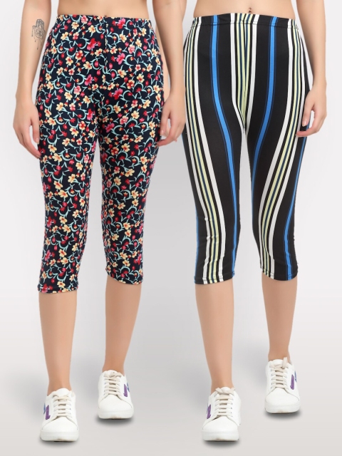 NEUDIS Women Pack Of 2 Printed Skinny Fit Capris, Black