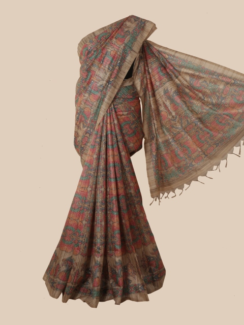 Pothys Taupe & Red Ethnic Motifs Jute Silk Saree