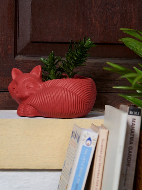Chumbak Red Hand-Crafted Sleeping Cat Planter