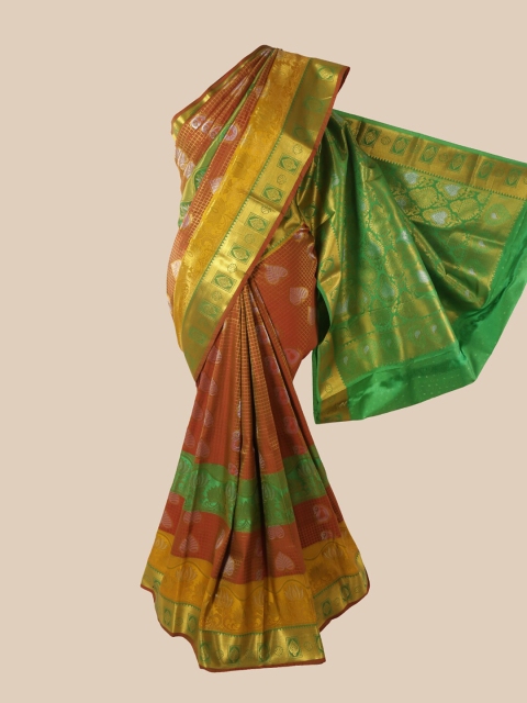 Pothys Brown & Green Ethnic Motifs Pure Silk Saree