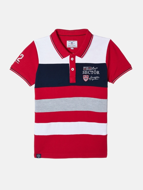 Monte Carlo Boys Red Colourblocked Horizontal Striped Polo Collar T shirt