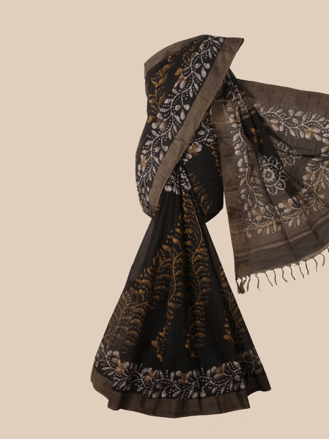 Pothys Black & White Floral Jute Cotton Saree